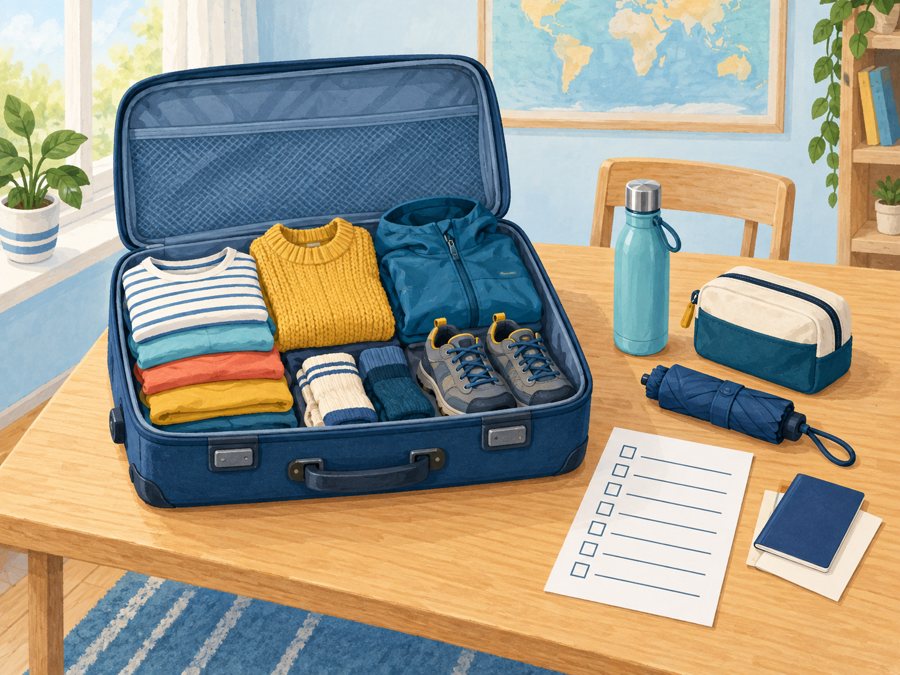 Offener Koffer mit Kleidung und Checkliste für die Klassenfahrt