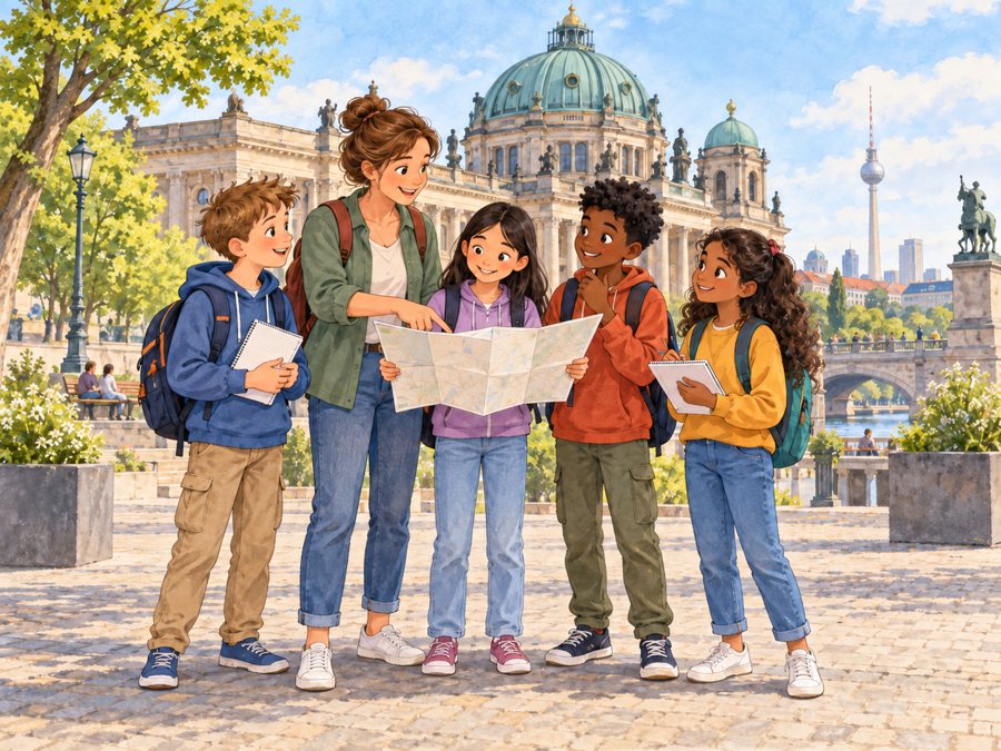 Lehrkraft und Kinder planen eine Klassenfahrt in Deutschland